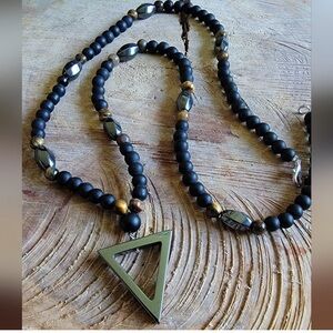 Unisex Hermatite and Lava Beaded Necklace with Triangle Pendant